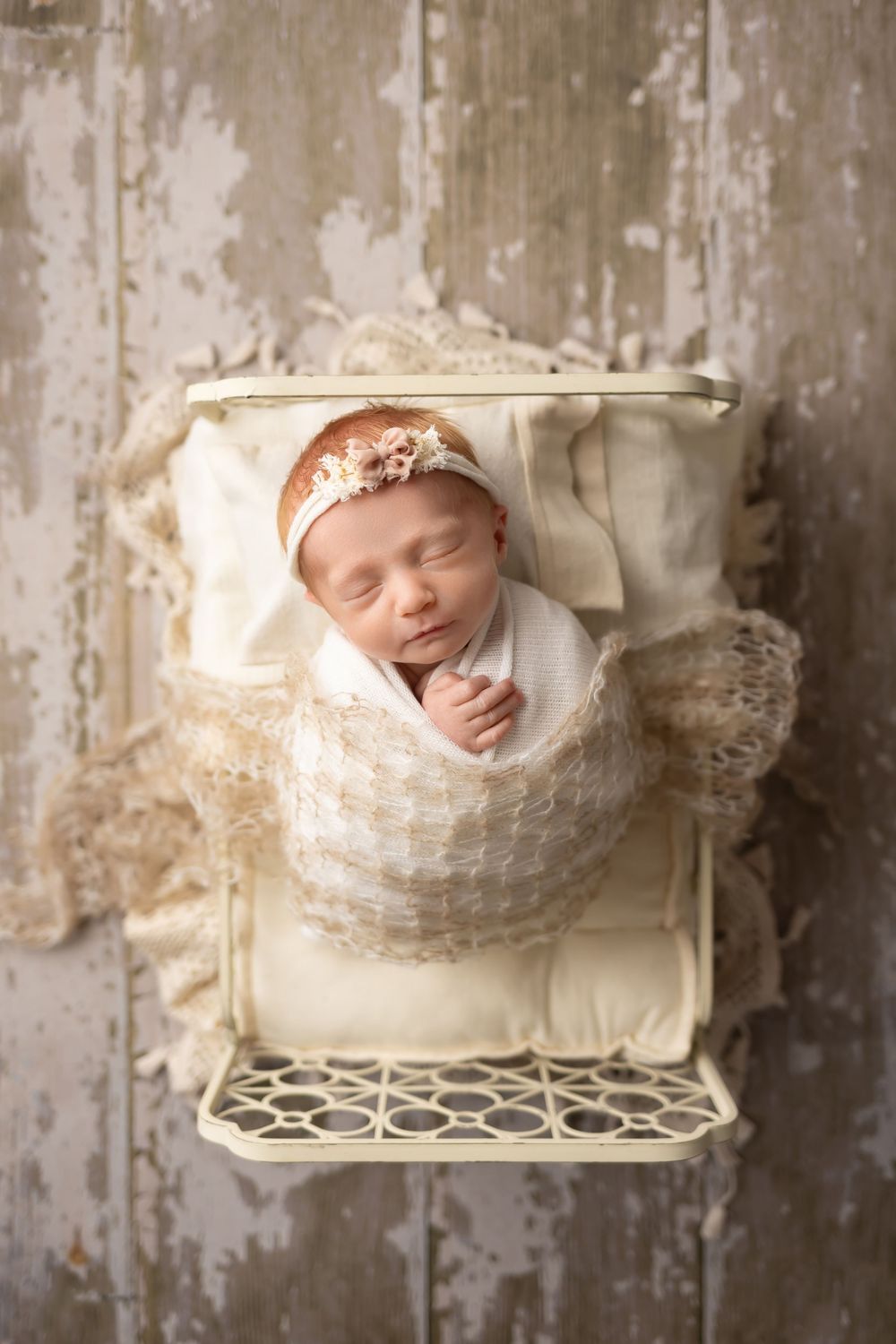 Baby girl in cream bed on wood floor, taken by Jen Knightstep, Photographer