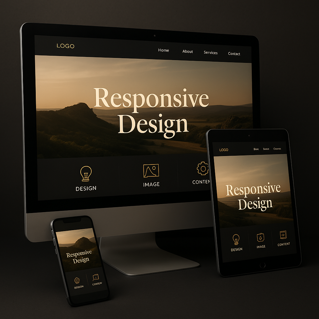 Responsive web design mockup showing website layout across multiple devices in dark mode.