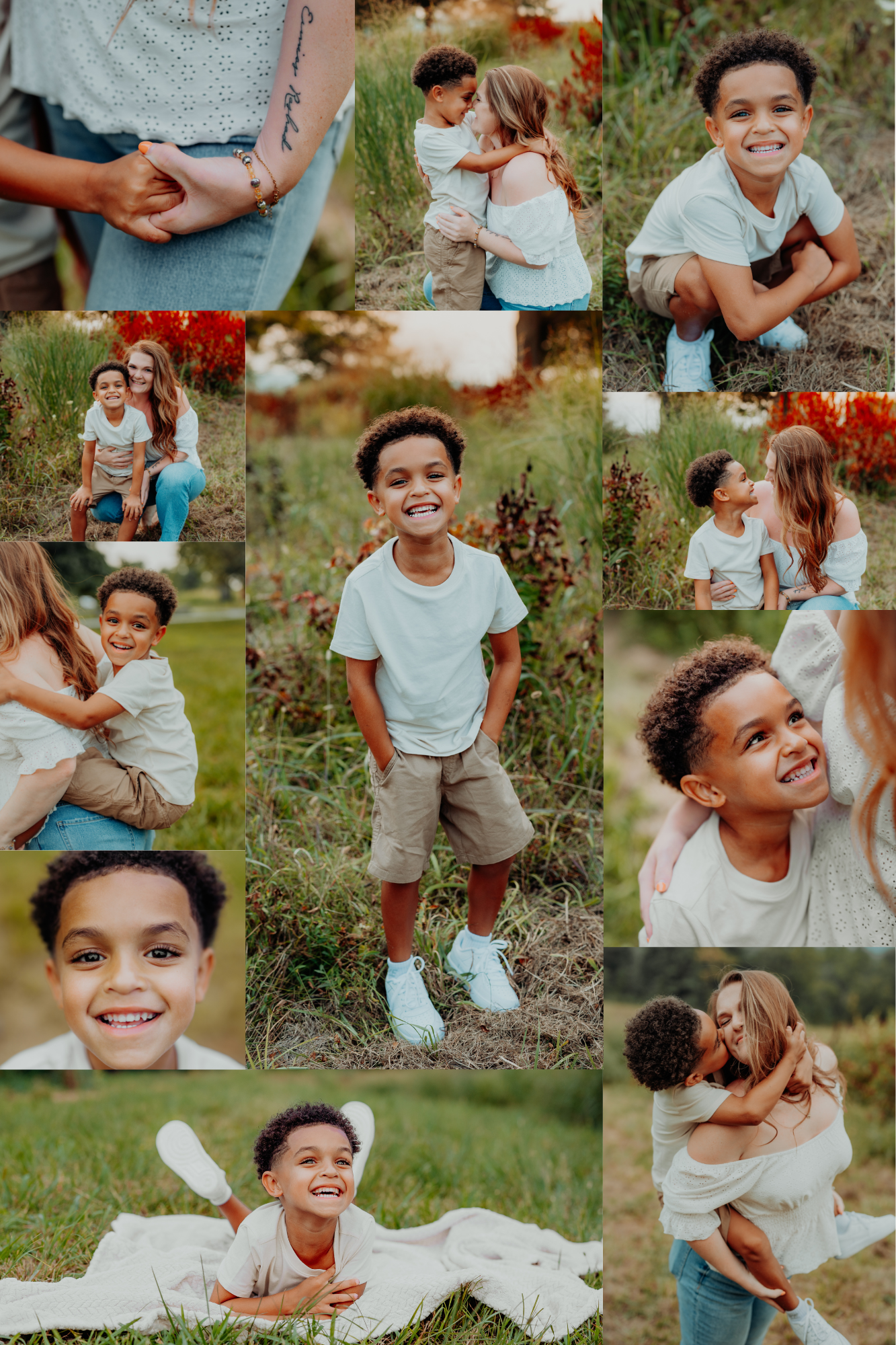 A warm outdoor photo collage showing candid moments between family members in a natural setting during golden hour.