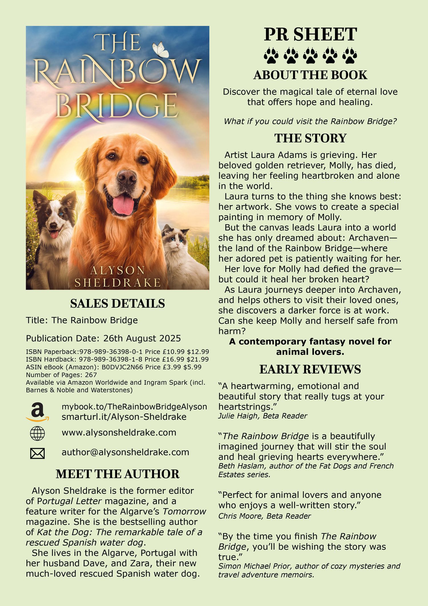 PR sheet for The Rainbow Bridge by Alyson Sheldrake, released August 26th 2025.