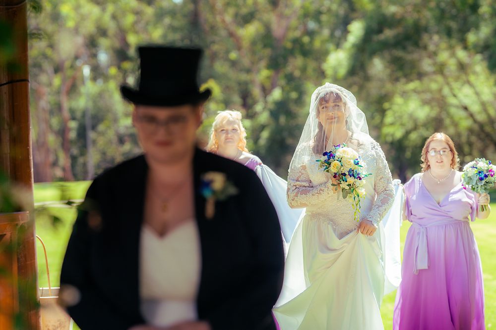 A collage of wedding ceremony photos showing multiple moments in an outdoor garden setting.