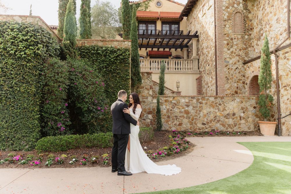 A group of artistic wedding photos arranged in a horizontal strip showing outdoor scenes at a rustic stone venue.
