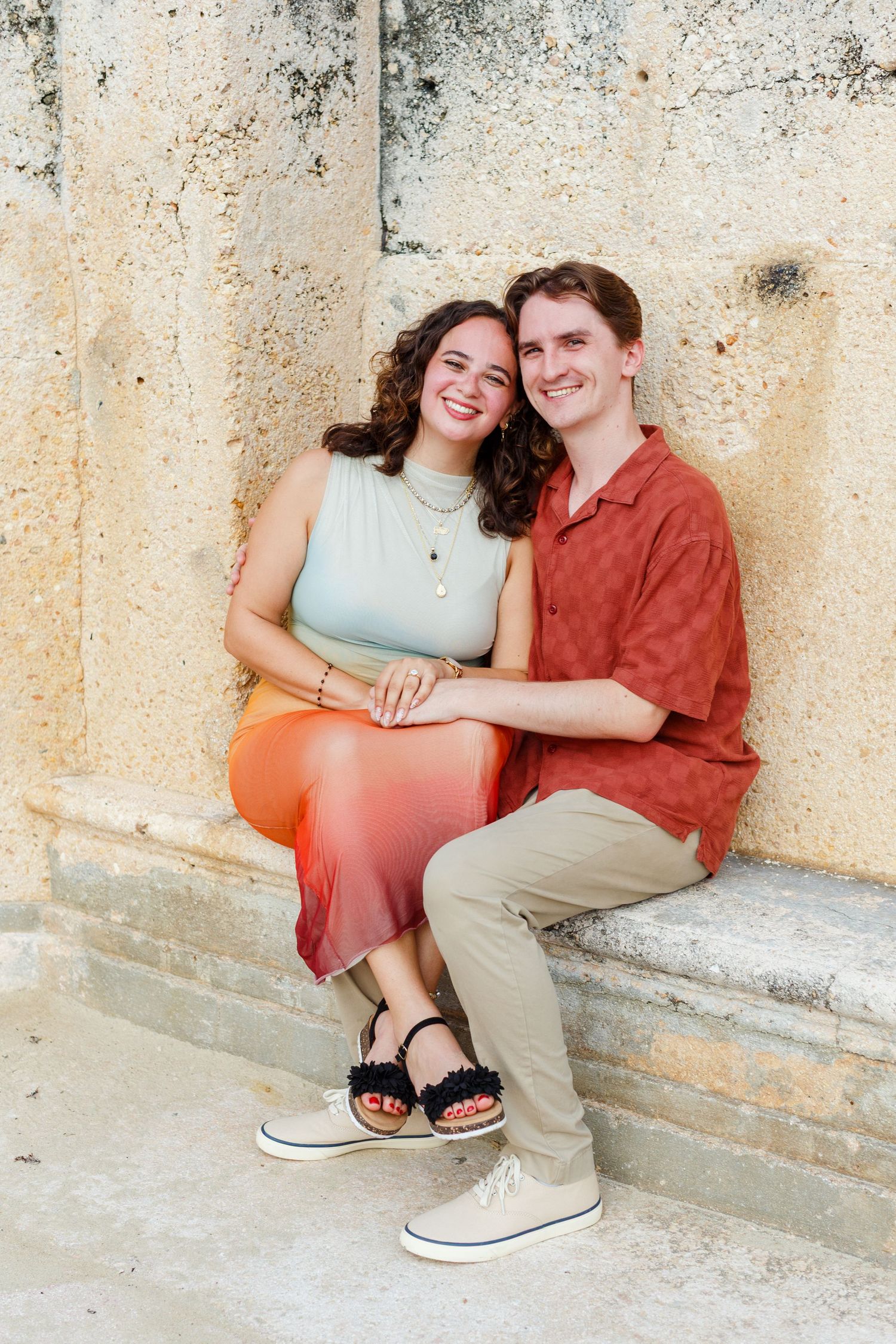 Surprise marriage proposal in Old San Juan, Puerto Rico. Paseo de la Princesa. Man and woman.
