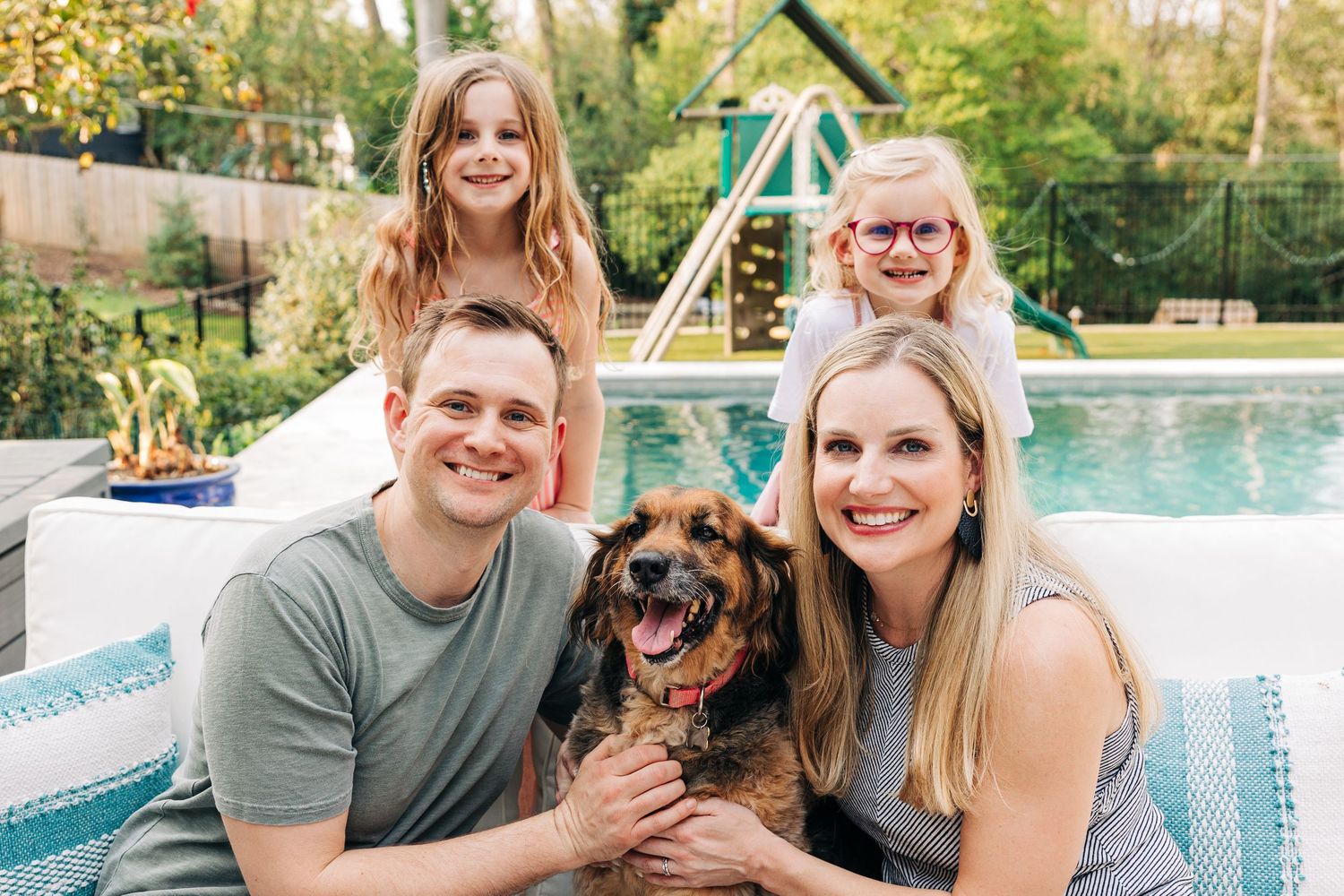 A collage of outdoor pool and backyard photos showing people and a dog enjoying sunny summer moments.