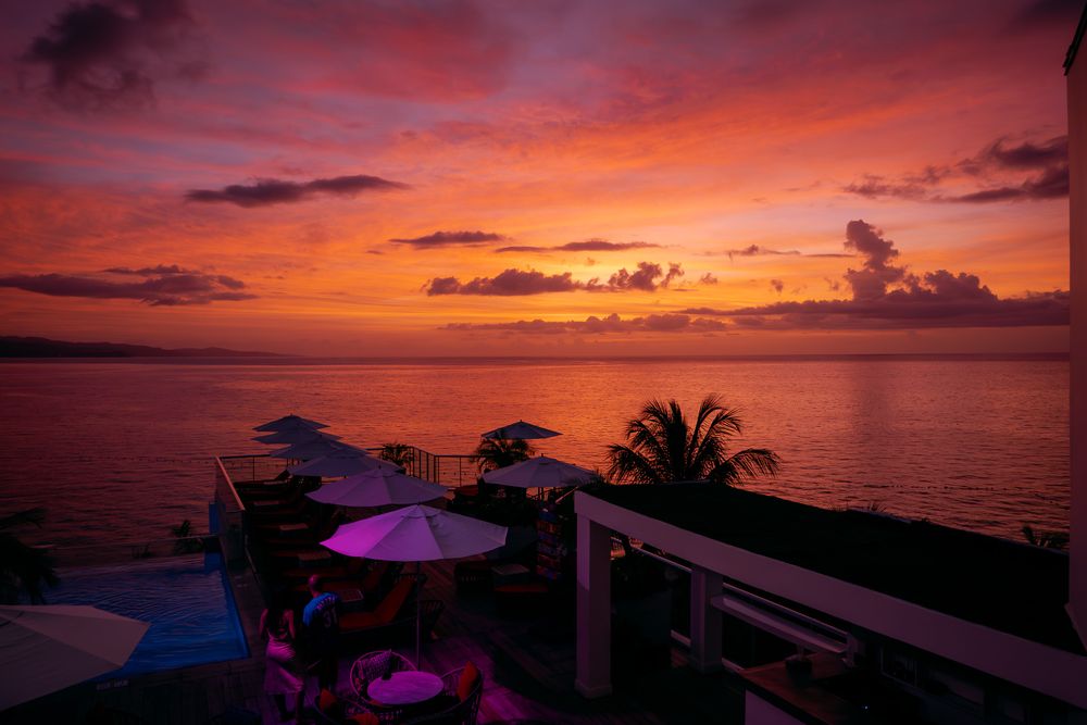 Beautiful pink and orange sunset over a tropical ocean with palm trees silhouetted against the colorful sky.