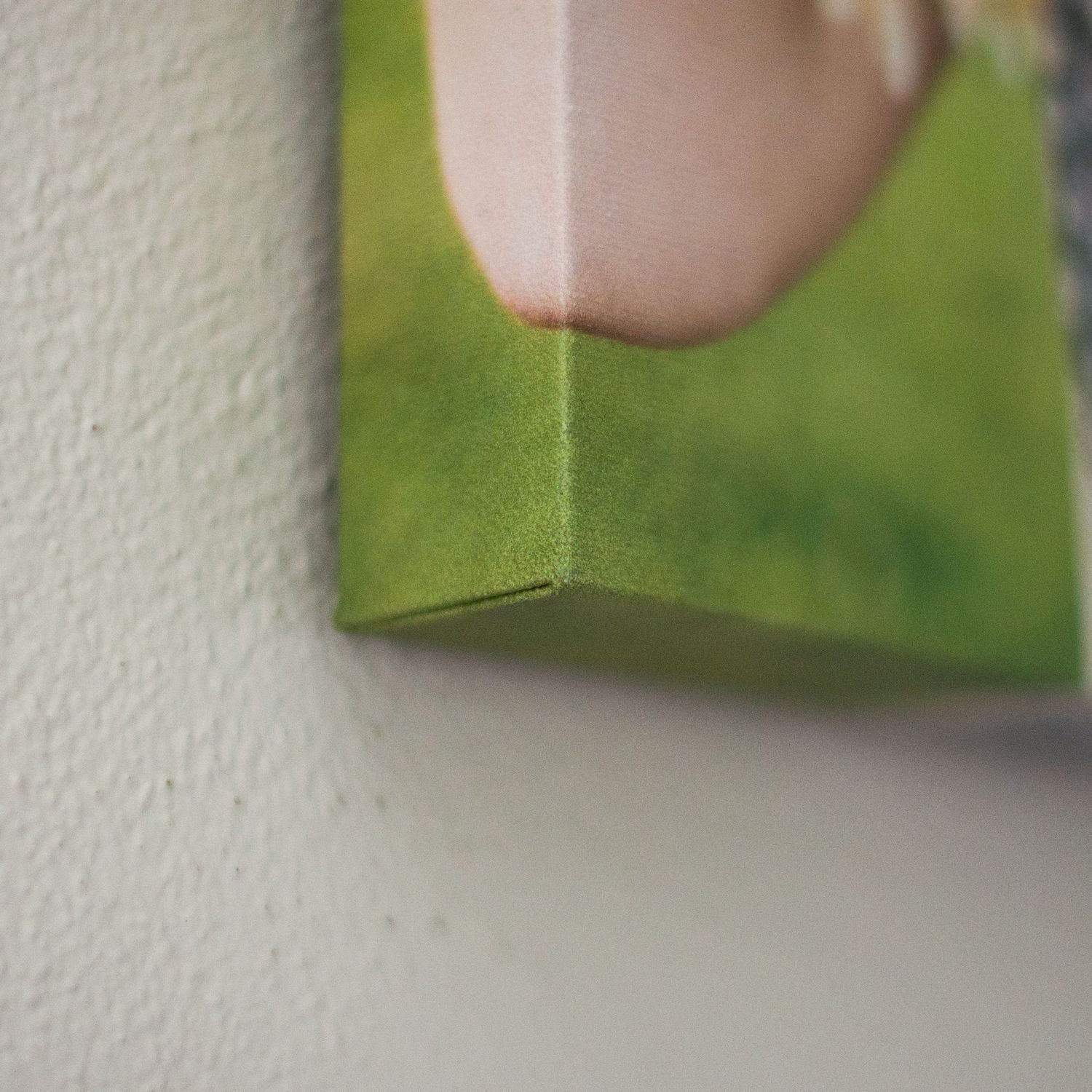 Wall-mounted portrait print with soft green background bokeh.