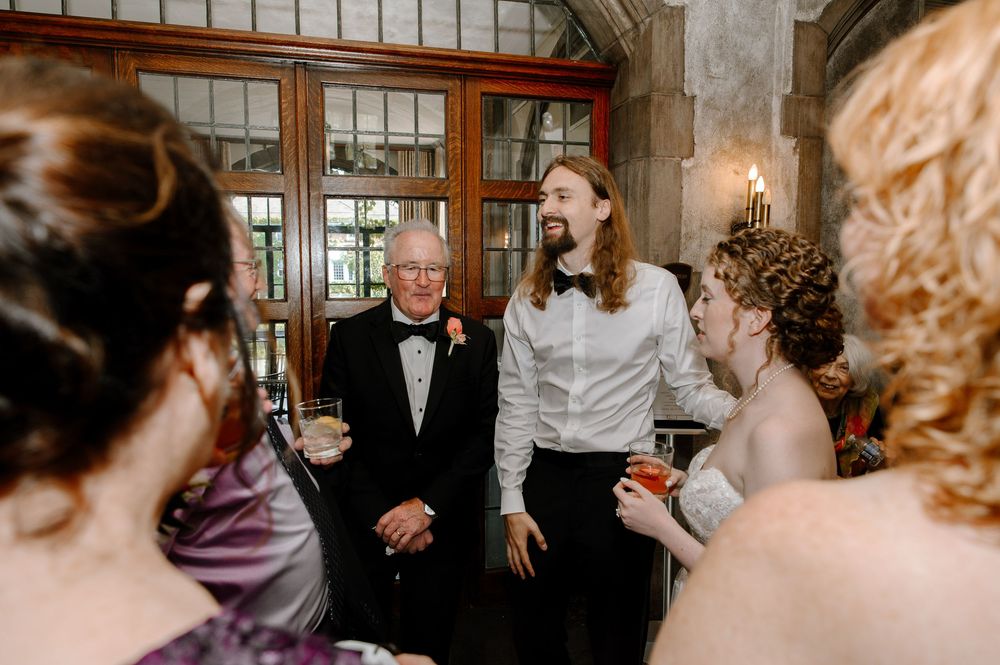 A sequence of five wedding celebration photos showing dancing guests and couples in a warm, wood-paneled reception hall.