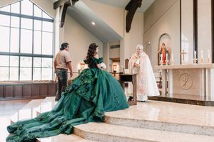Series of glamorous shots showing a flowing emerald green gown in an elegant indoor setting.