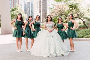 Bridal party wearing emerald green bridesmaid dresses pose in a row with bride in elegant white gown outdoors.