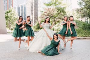 Bridesmaids in emerald green dresses posing playfully in a outdoor photo collage with the bride in white.