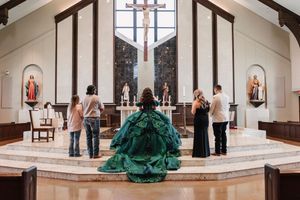 Row of panoramic photos showing church interior scene with dramatic emerald green gown against white altar.