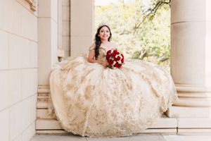 A bridal gown with floral lace detailing spreads elegantly across white marble steps at a columned venue.