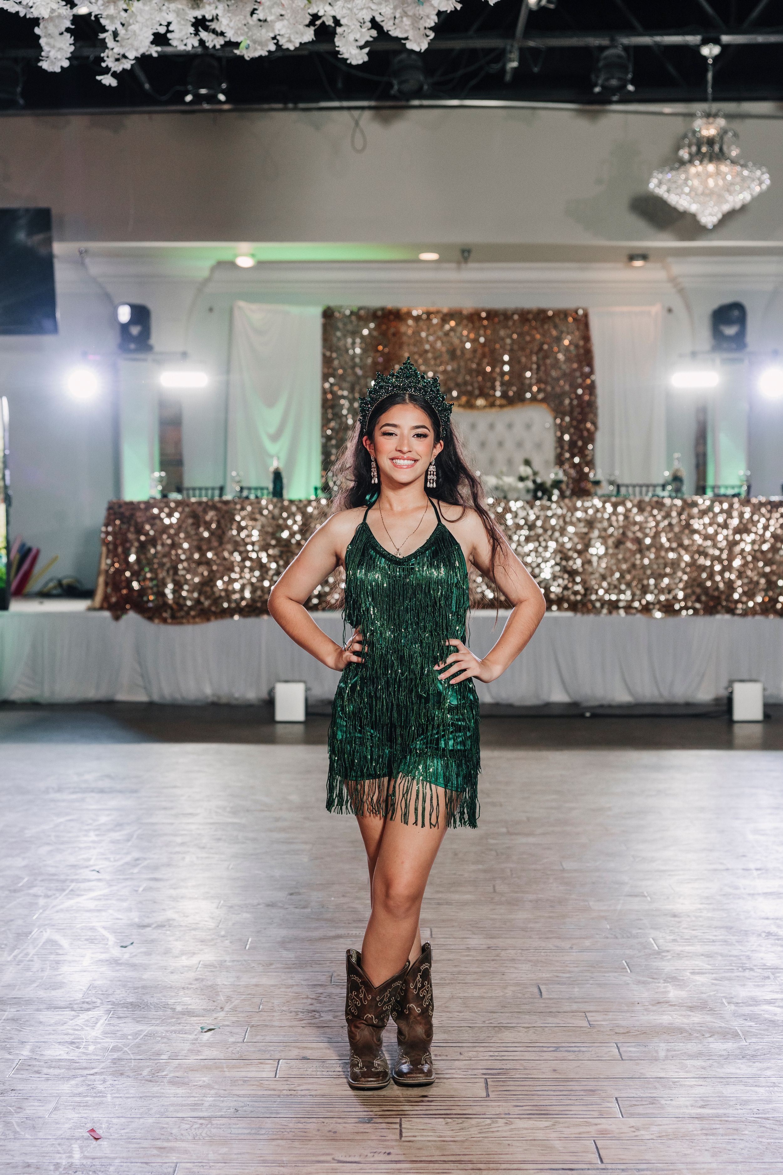 Timeline sequence shows a dancing performance in a green sequined outfit progressing across an empty event venue floor.