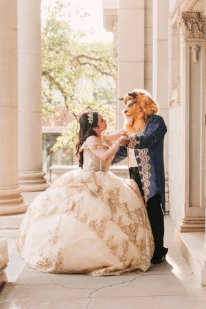 A romantic series of photos showing a couple in vintage formal attire sitting together under an elegant colonnade.