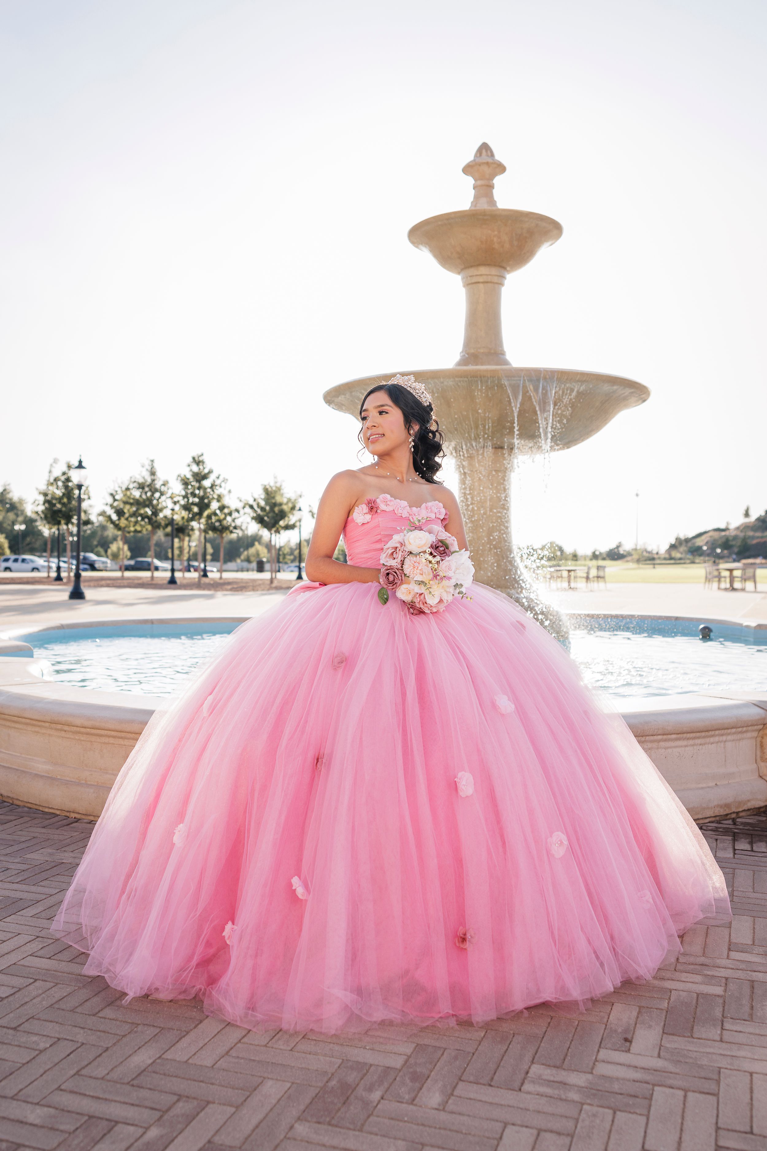A person wearing a flowing pink ballgown poses elegantly near a fountain and brick walkway in an outdoor setting.