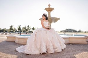 A collection of five wedding photos show a flowing blush pink bridal gown in different poses on a balcony setting.
