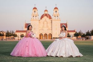 A quinceañera photoshoot collage featuring pink and white ball gowns photographed in front of a grand church facade.