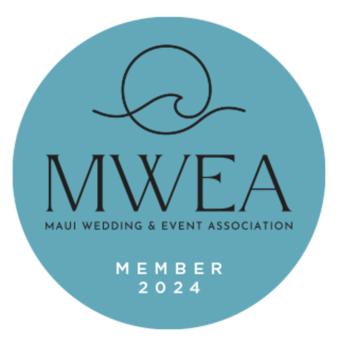 Blue circular logo for MWEA Maui Wedding & Event Association Member 2024 on Maui, Hawaii.