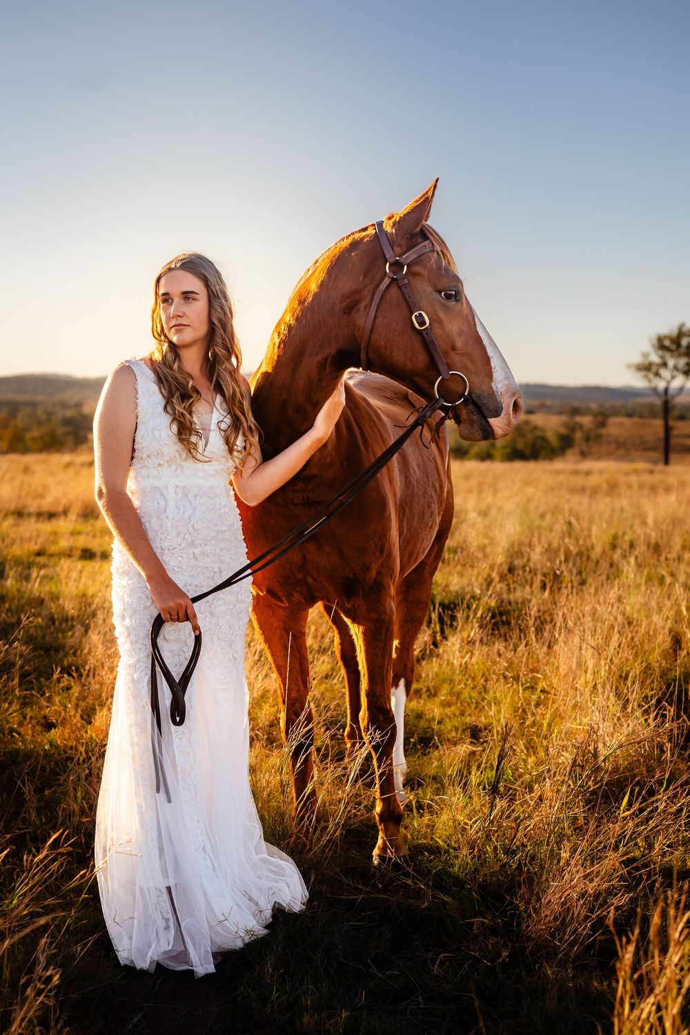 Golden sunset light illuminates a brown horse and figure in white dress standing in tall prairie grass in rural field.
