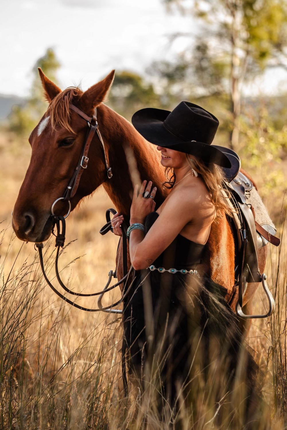 Four serene shots of a horse and rider at golden hour in tall grass captured in a dreamy artistic style.