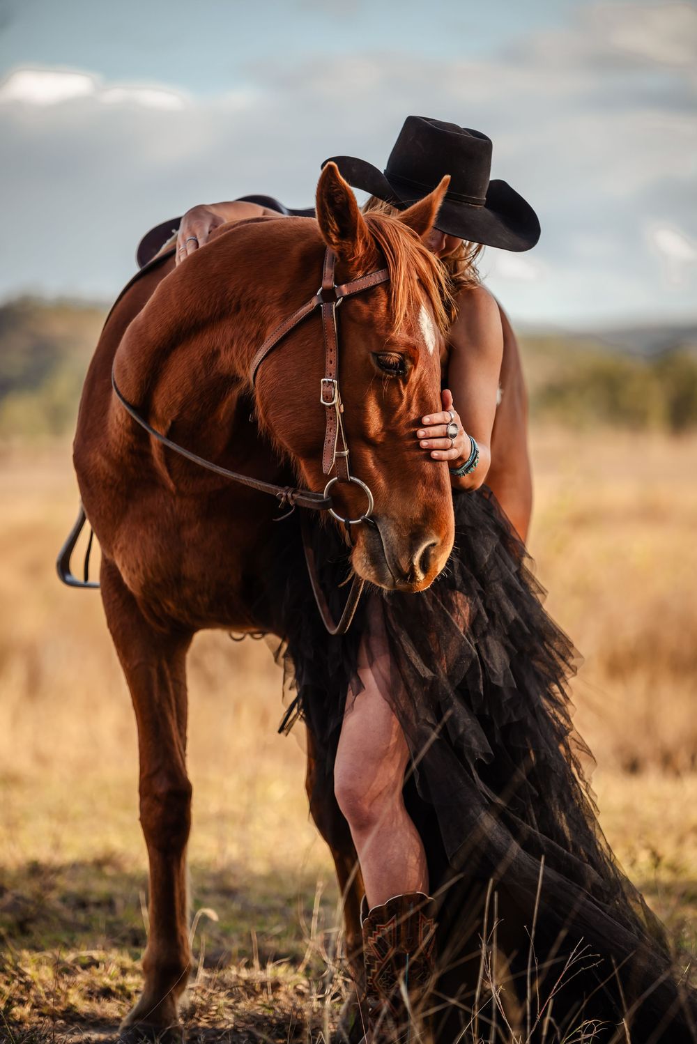Silhouette of a horse with western saddle standing in golden field at sunset with dramatic sky.
