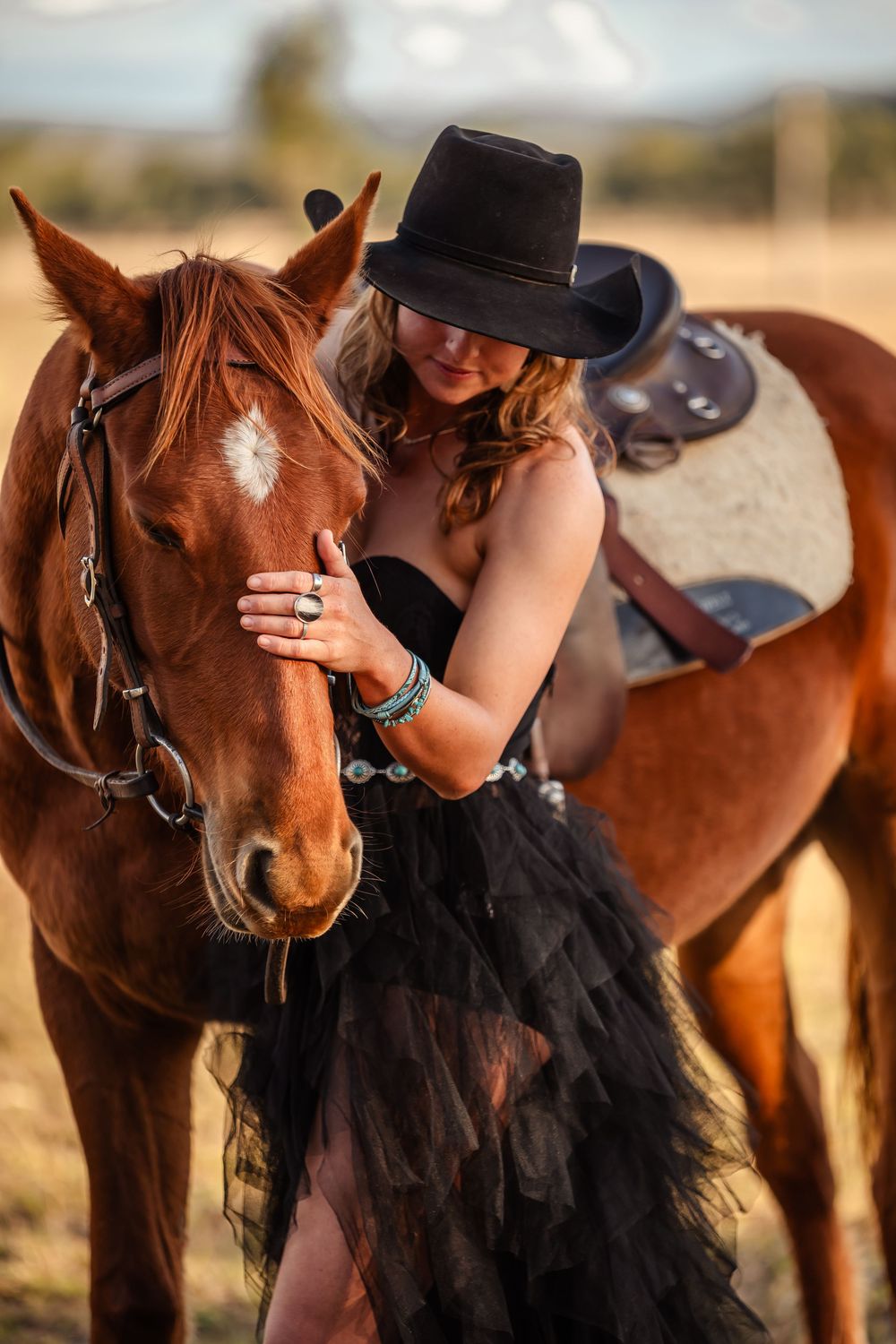 A person in black dress poses affectionately with a chestnut brown horse in a series of soft golden-lit outdoor photos.