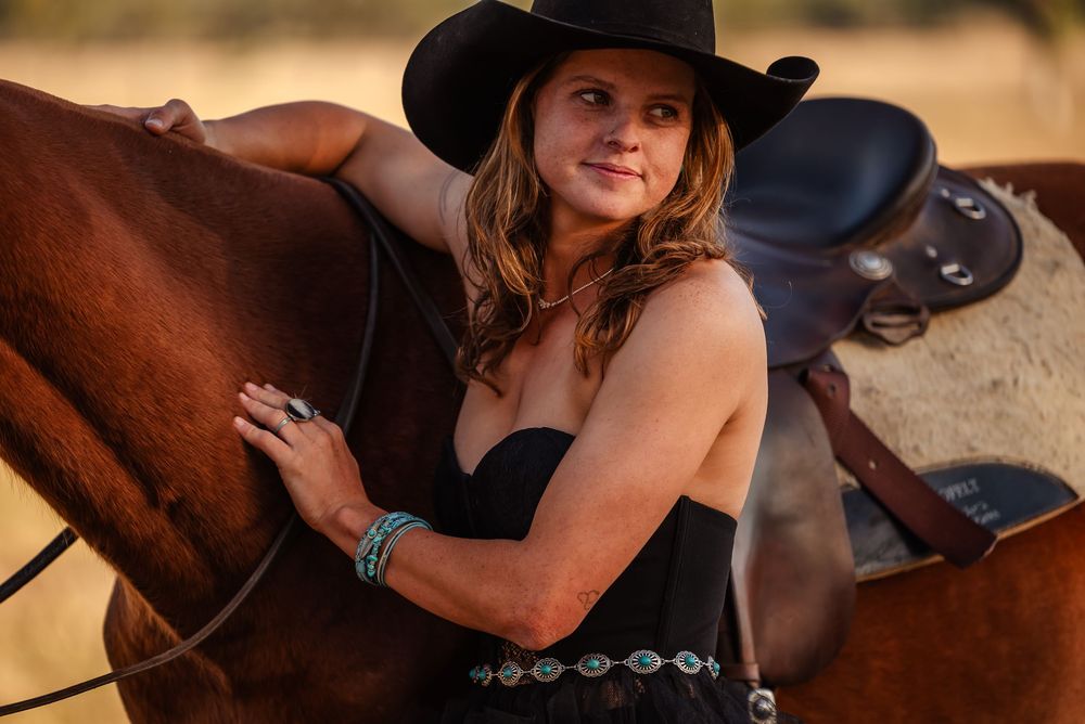 A horse and rider are captured in multiple stylized sepia-toned western themed photographs during a sunset session.