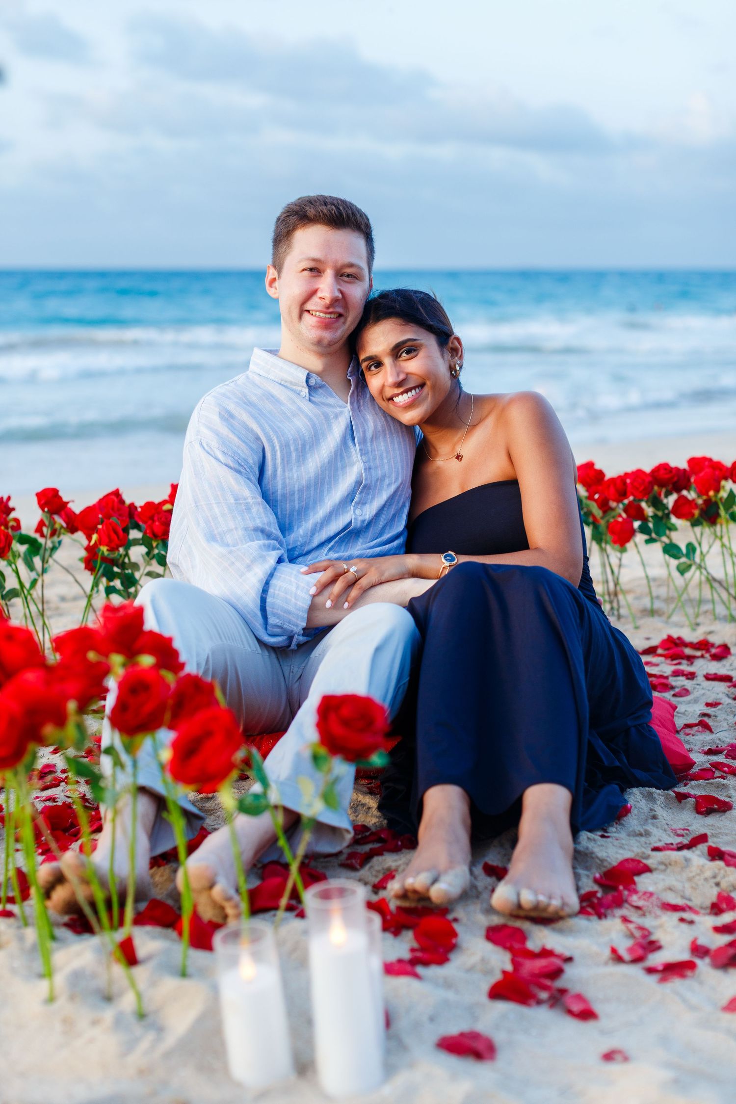 Couples portrait. Marriage proposal on the beach in Isla Verde, Carolina, Puerto Rico.