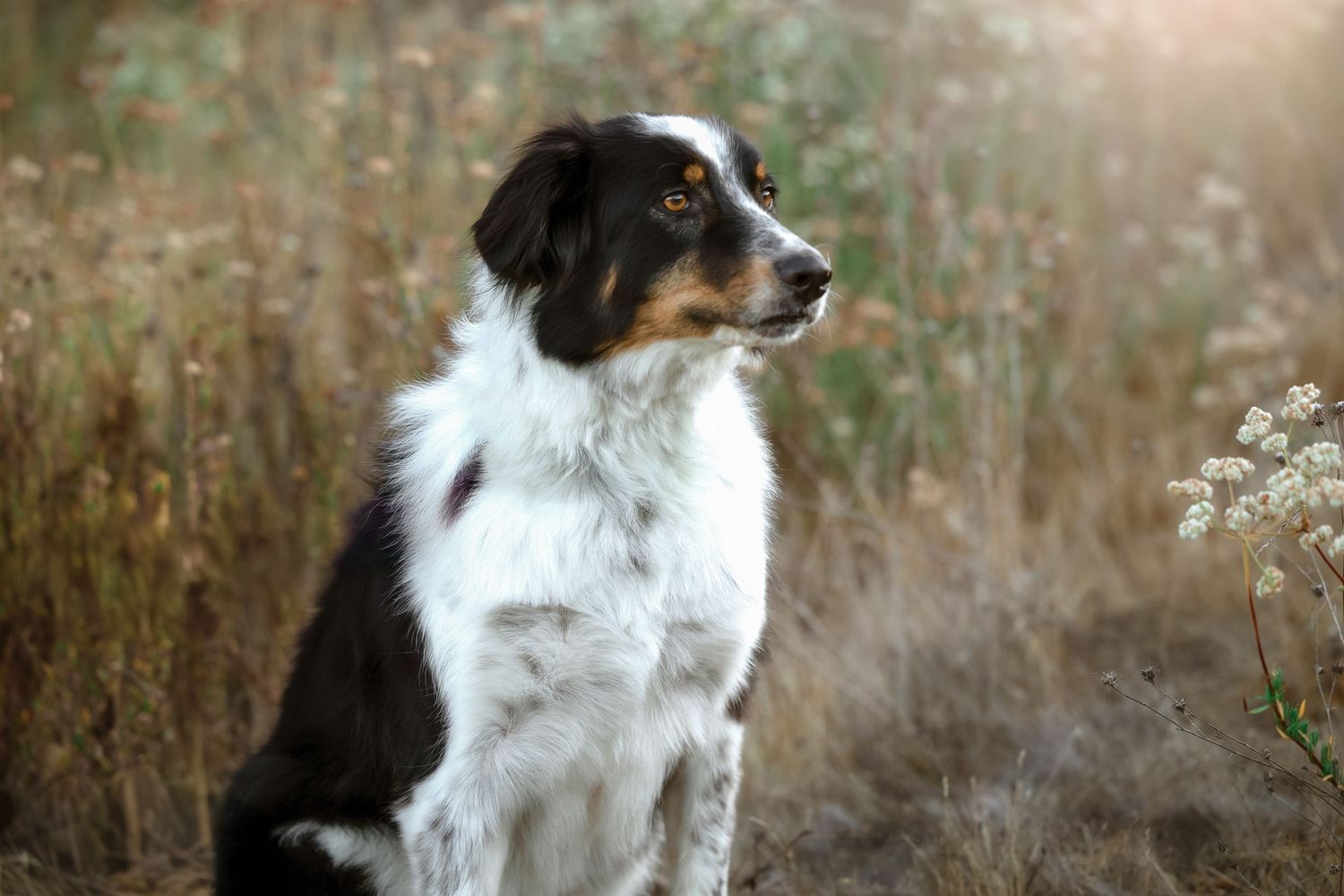 Border collie dog gazes upward attentively while sitting in a natural outdoor setting with tall grasses and flowers.