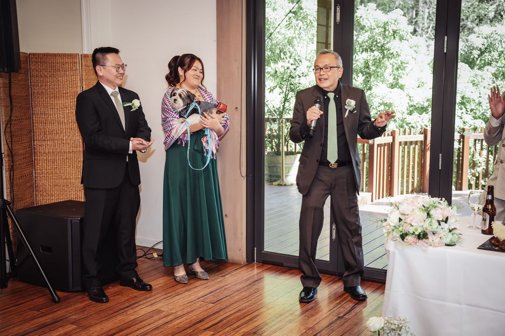 Wedding celebration moments captured in candid shots at an indoor venue with elegant decor.