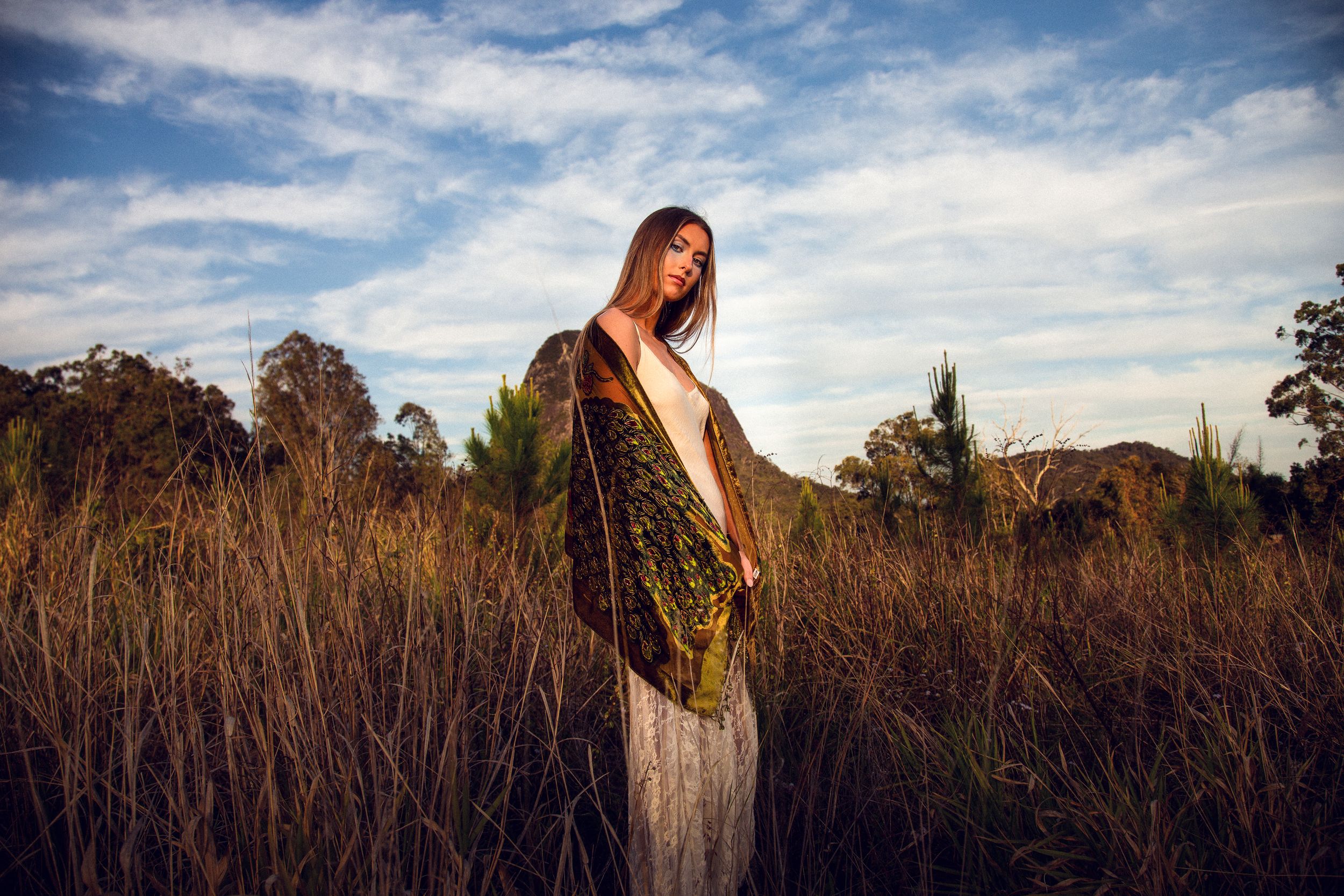 A series of landscape photos showing a figure with long hair in a field at sunset against dramatic cloudy skies.