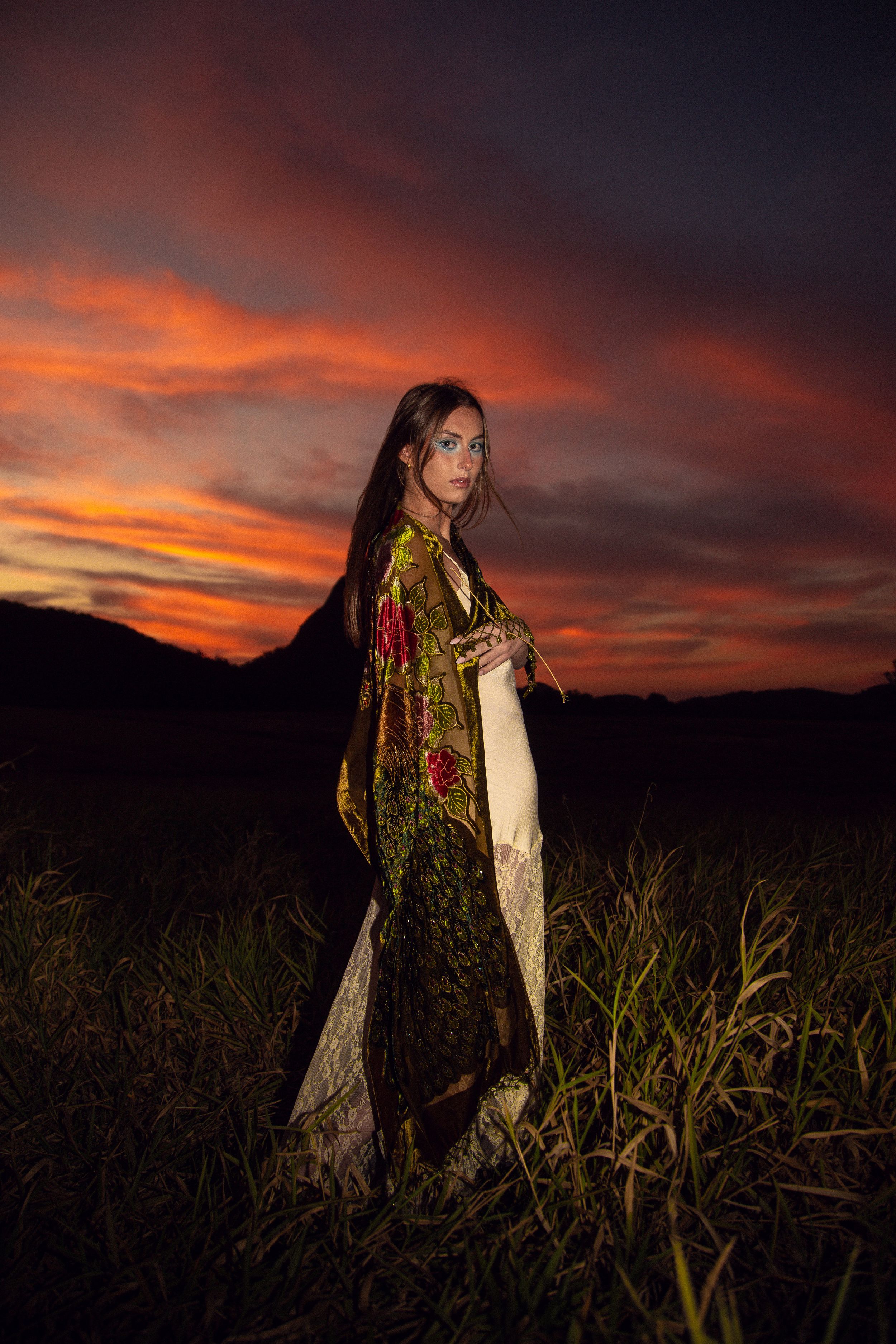A silhouetted figure stands in a field against a dramatic orange and purple sunset sky.