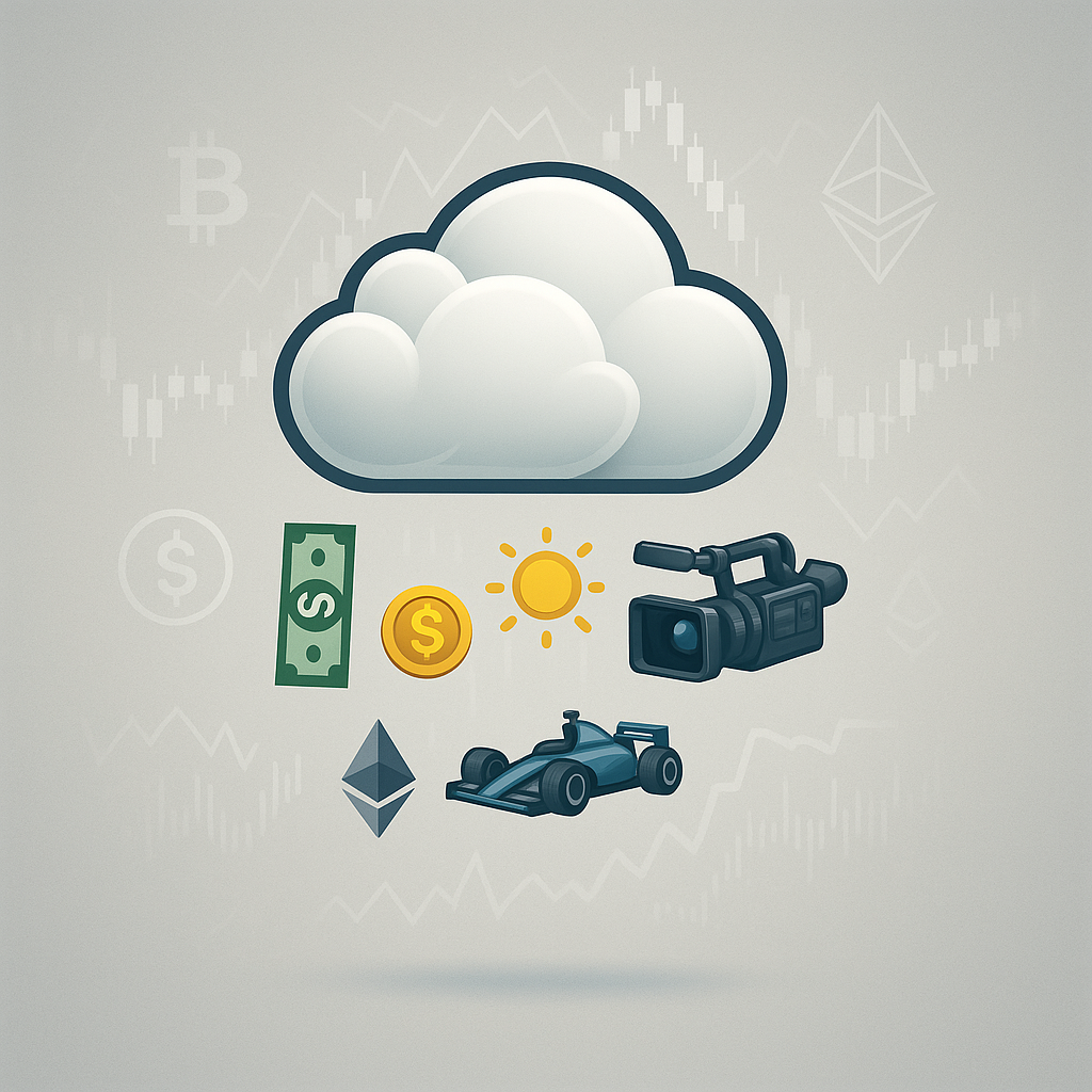Conceptual illustration showing cloud computing icons with money symbols, electronics, and vehicles in a minimalist style.