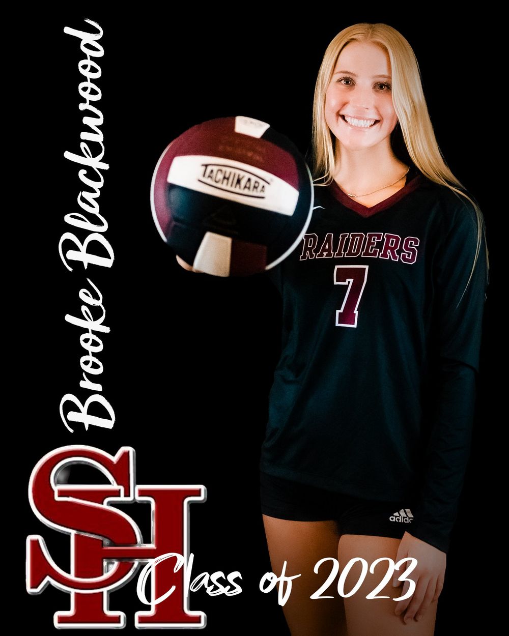 A series of senior portraits showing a student athlete posing with a volleyball against a dark background.