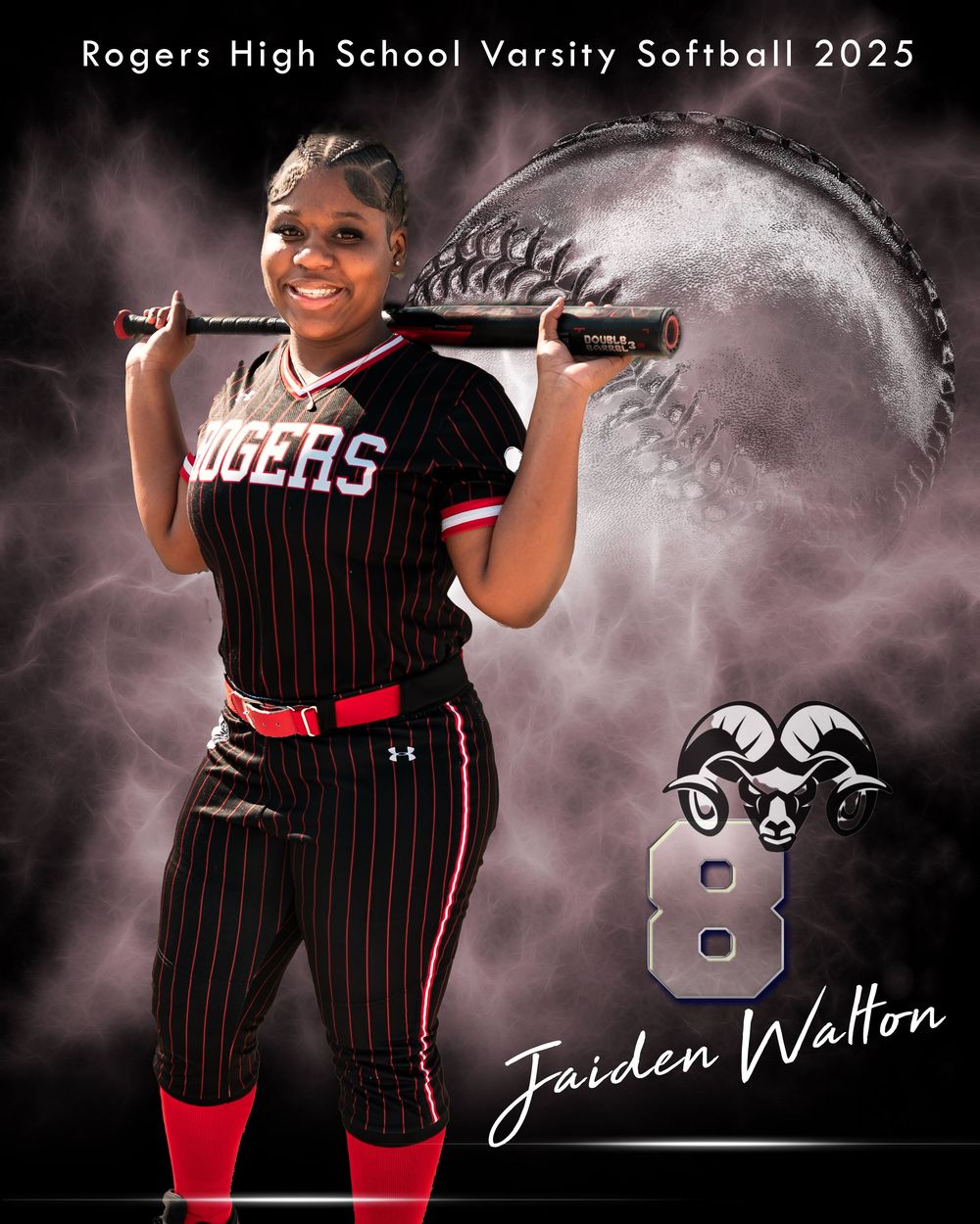 High school softball player in black pinstripe uniform with red accents poses for team photo against dramatic backdrop.