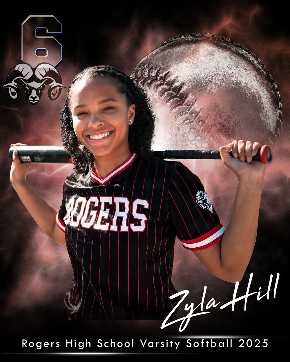 High school softball player in black and red striped uniform poses with dramatic smoke effect background.