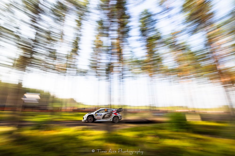 Rally car speeds through forest with motion blur effect creating dynamic racing atmosphere in natural setting.