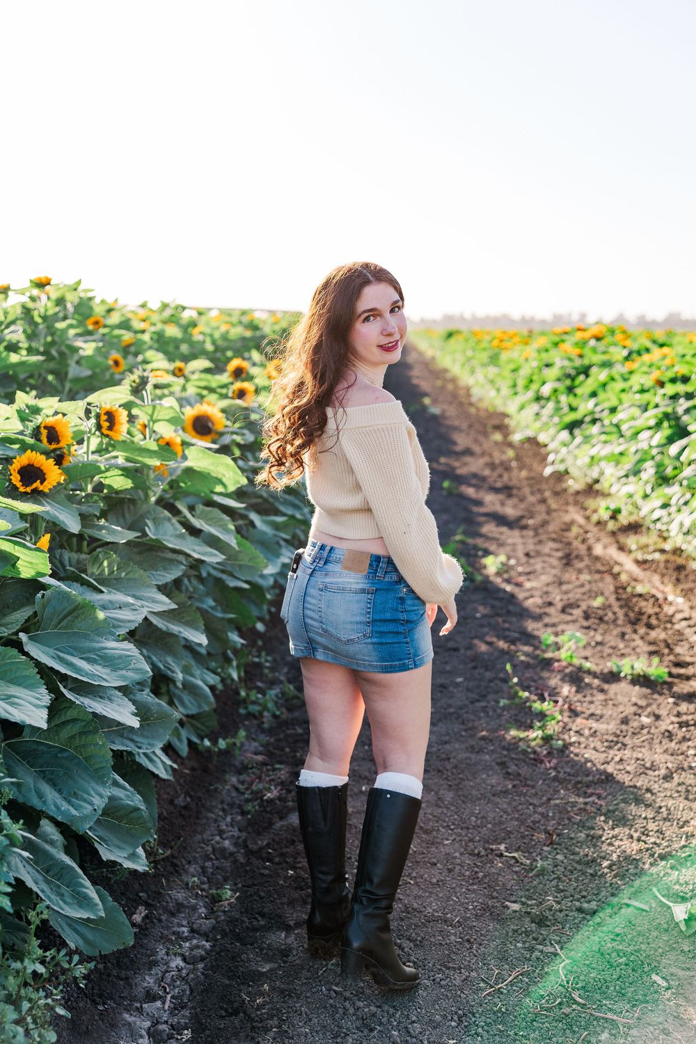 Senior portrait in a golden sunflower field at Conejo Family Farms, Camarillo — timeless, natural, and full of vibrant summer charm.