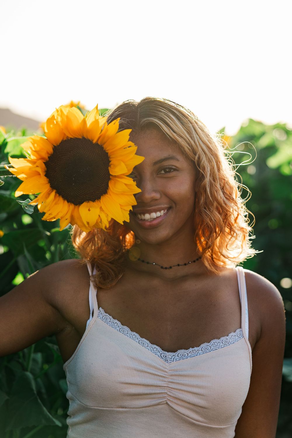 Senior portrait in a golden sunflower field at Conejo Family Farms, Camarillo — timeless, natural, and full of vibrant summer charm.