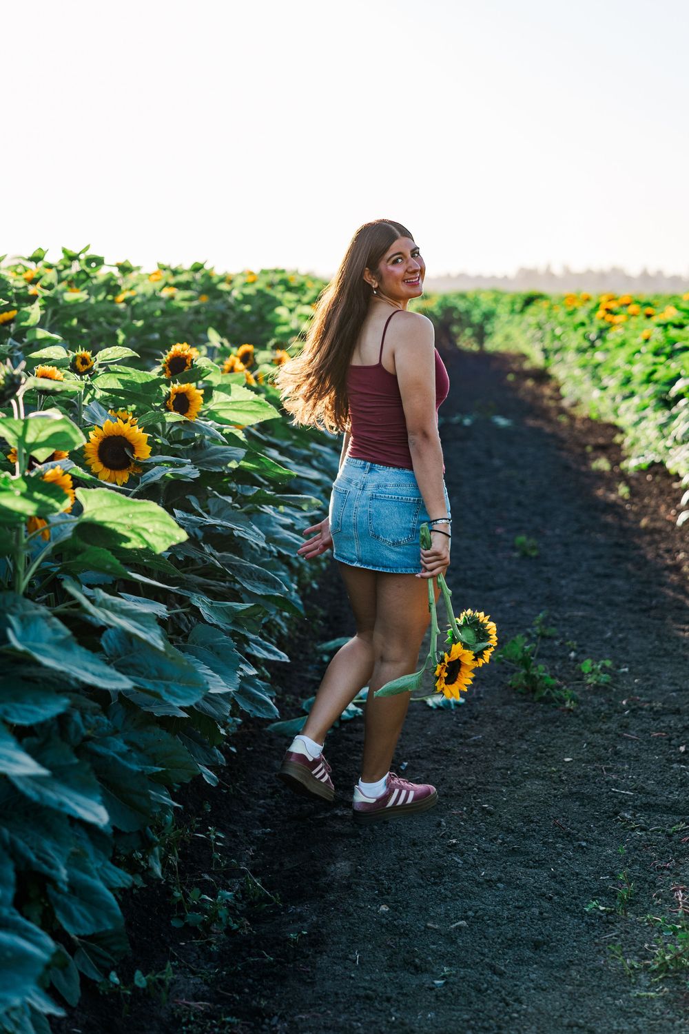 Senior portrait in a golden sunflower field at Conejo Family Farms, Camarillo — timeless, natural, and full of vibrant summer charm.