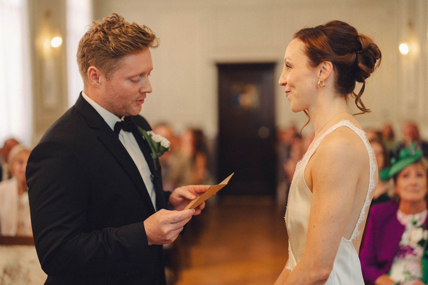 Wedding ceremony in Chelsea Town Hall, vintage wedding dress, wedding vows