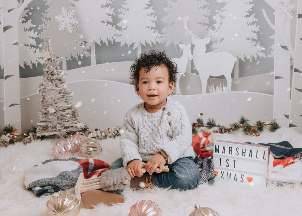 A winter wonderland themed photo session setup with white trees, holiday decor, and cozy neutral furnishings.