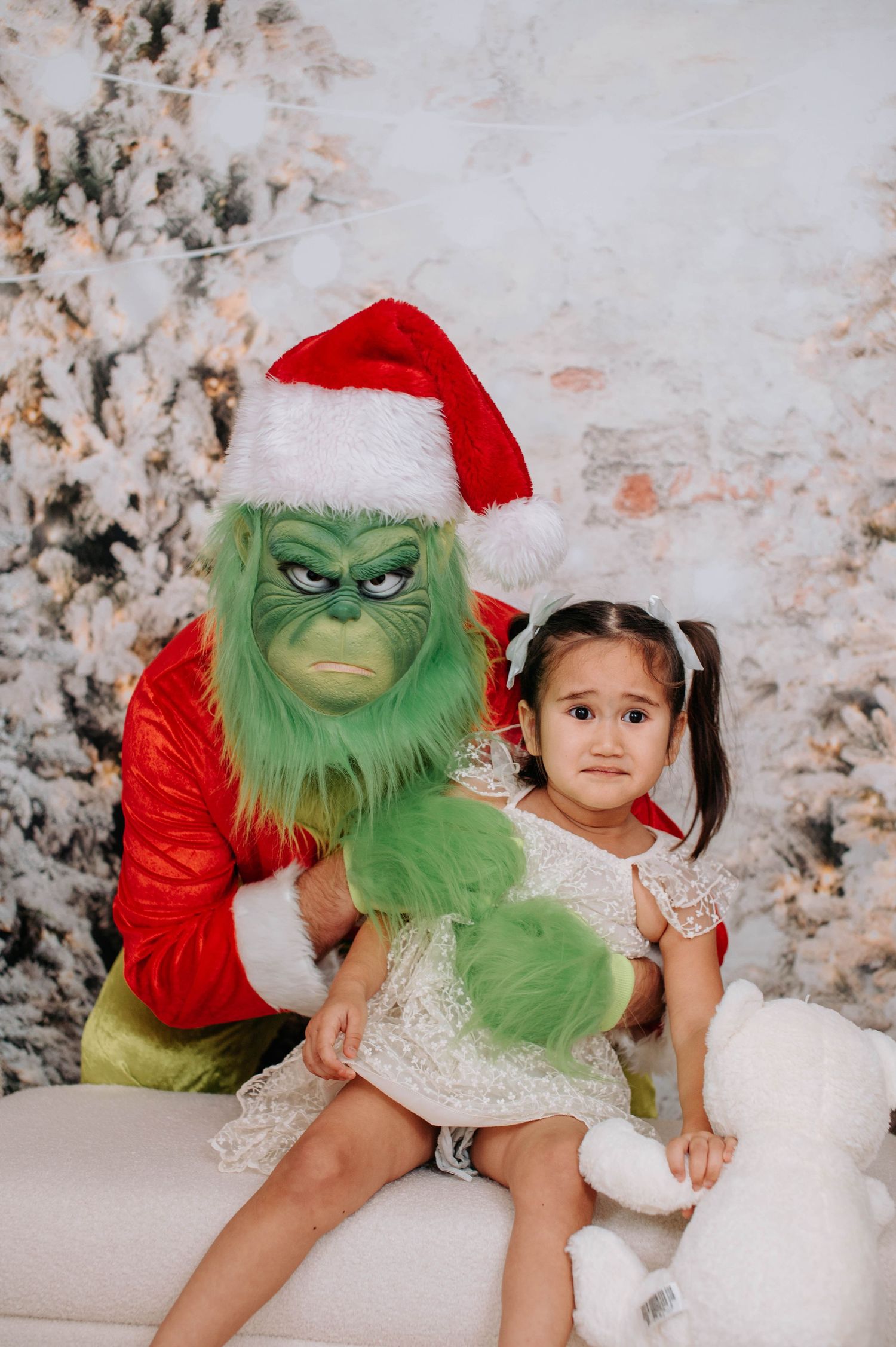 Holiday photo session featuring the Grinch character and a young child in a white dress against a snowy backdrop.