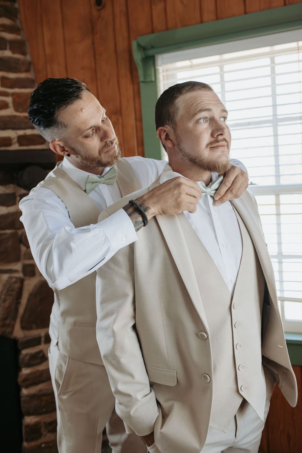 Series showing groomsmen helping with wedding day preparations in rustic setting.