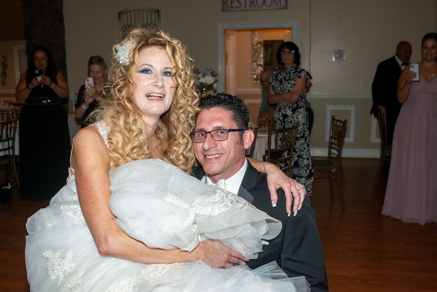 A series of wedding reception photos showing dancing and celebration in a banquet hall.