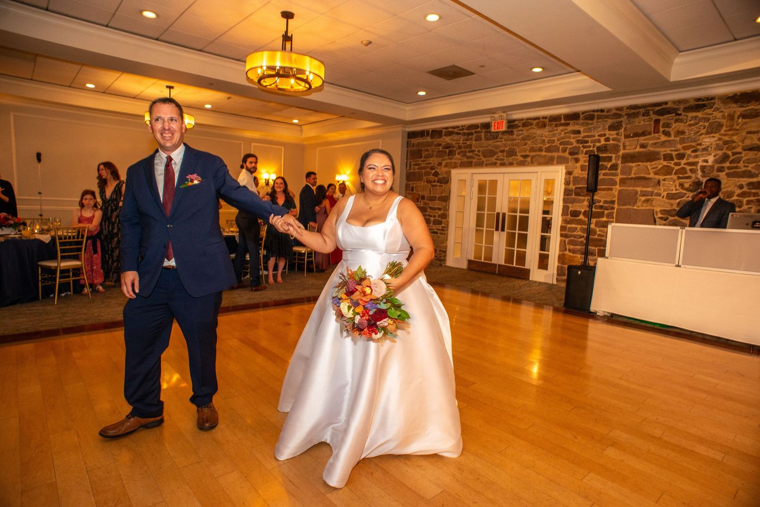 A sequence of wedding reception dance floor moments showing couples dancing and celebrating in a banquet hall.