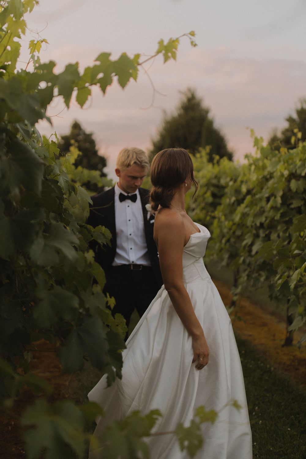 Elegant couple in formal wedding attire walking through vineyard rows at dusk.