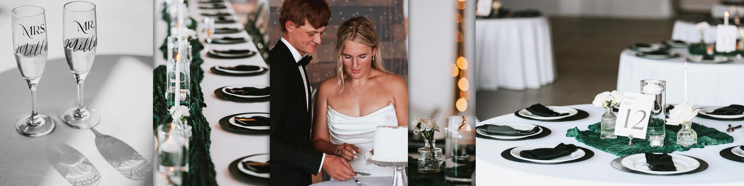 A collection of wedding photographs showing romantic moments, floral arrangements, and reception details in black and white.