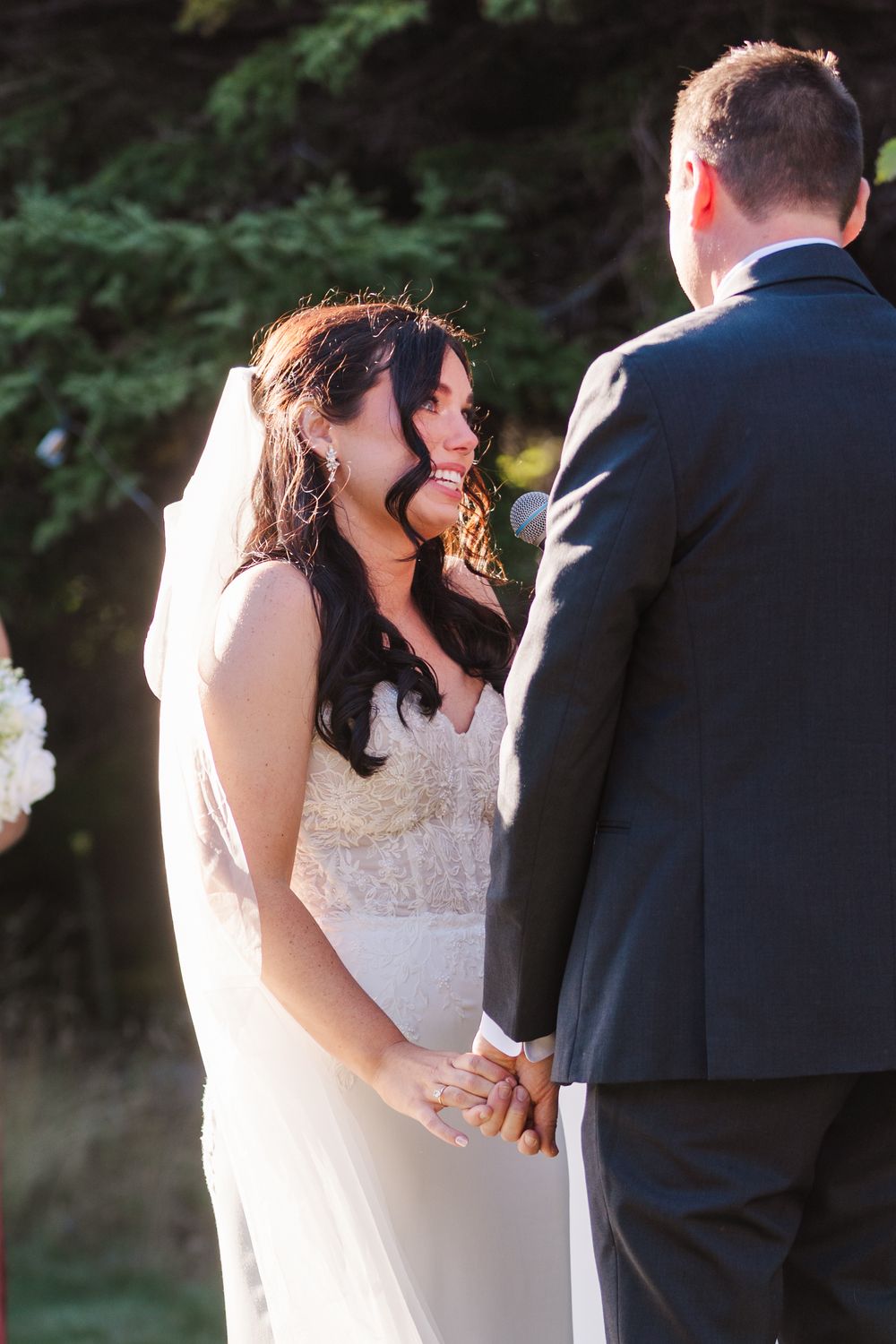 A series of romantic wedding ceremony moments showing a couple in formal attire exchanging vows outdoors.