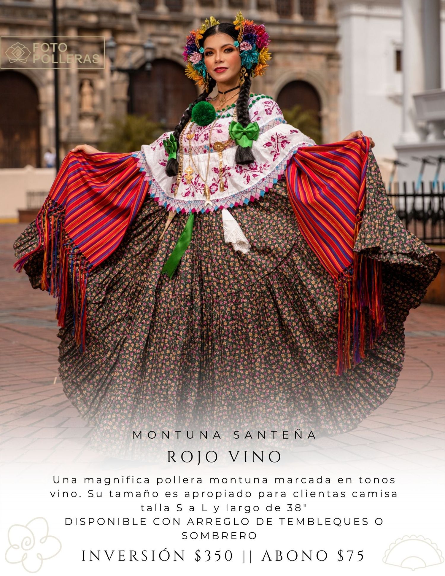 mujer con una pollera blanca de organza y tembleques de colores en atardecer en el casco antiguo